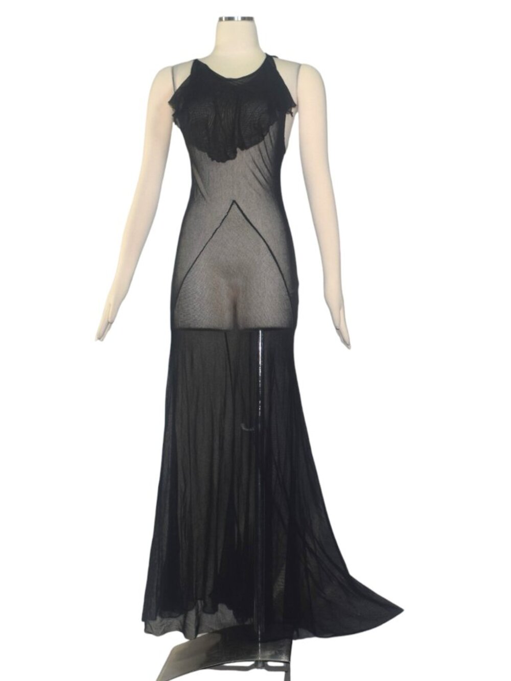 Vintage Y2K Sheer Mesh Gothic Romantic Maxi Gown Dress Black Retro Vamp XS